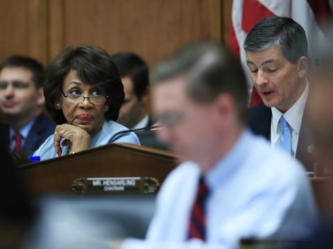 House Financial Services Committee Ranking Member Maxine Waters listens as Committee Chairman Jeb Hensarling speaks on Capitol Hill on May 2, 2017, during the committee's hearing on overhauling the nation's financial rules.